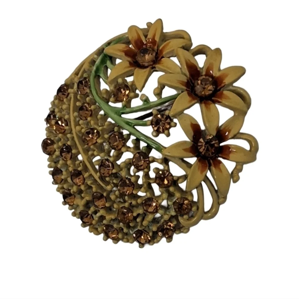 Vintage Enamel Floral Brooch & Clip Earrings Set | Mid-Century Amber Rhinestone
